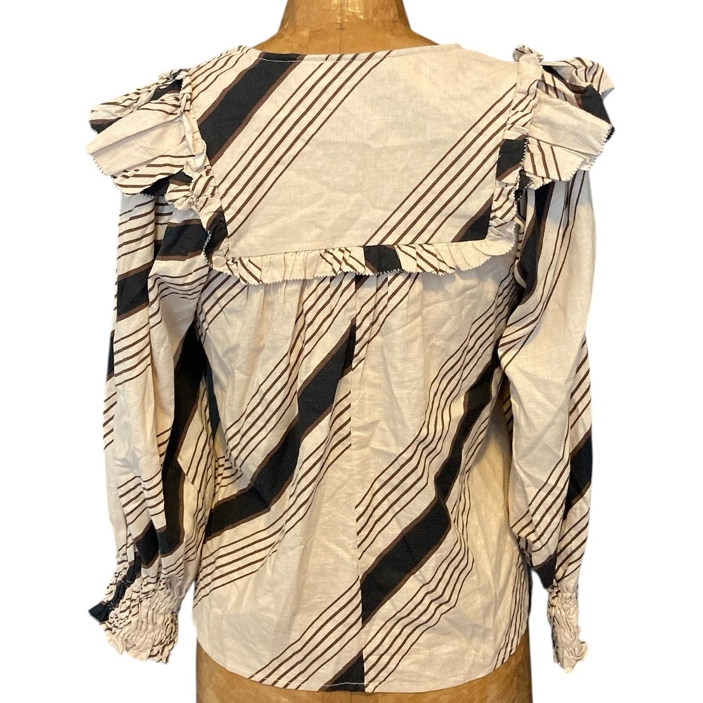 Long Sleeved Ruffle Top‎ | Black & Cream Striped Blouse Karlie 100% Cotton - Picture 11 of 11
